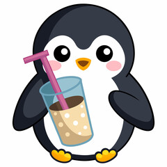 Obraz premium Cute cartoon arctic penguin character with funny glasses and a happy winter ice drawing