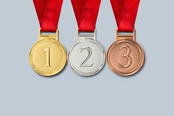 Gold Silver Bronze A Trio of Champion Medals with Red Ribbons