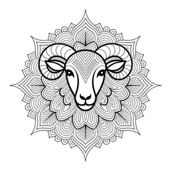 A black and white mandala sheep head design illustration line art of a coloring page