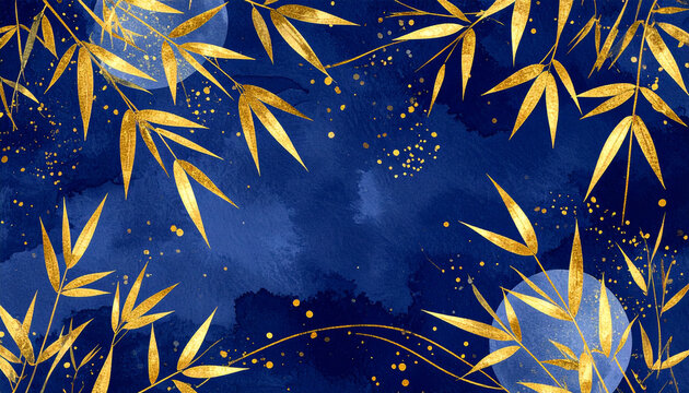 笹と短冊が揺れる藍色の七夕背景, Tanabata Night Background with Bamboo and Wish Tags

