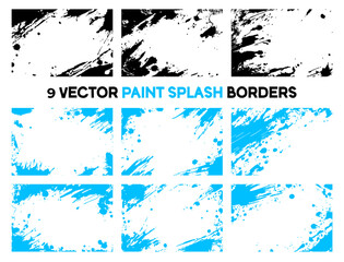 Set of nine dynamic vector paint splash borders in black and blue, perfect for framing designs, adding grunge texture, or creating edgy backgrounds.