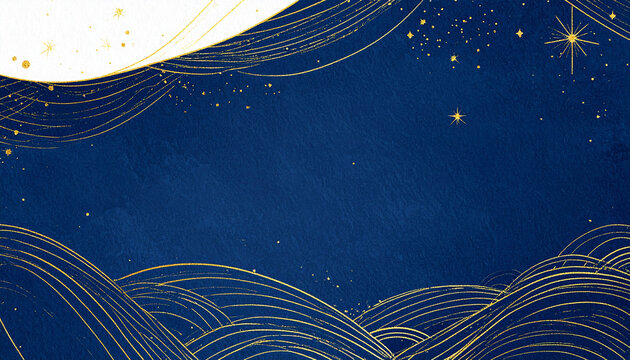七夕の夜空を描いた紺色の幻想背景, Fantasy Night Sky of Tanabata with Gold Sparkles
