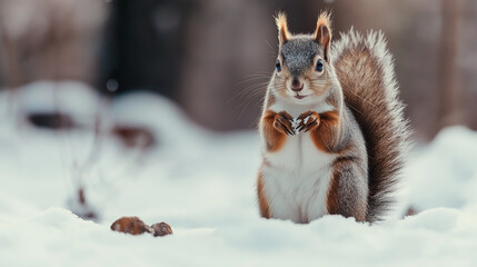 A fluffy-tailed squirrel standing alert with tiny paws and bright eyes, isolated on a snow  background.
