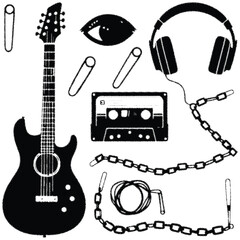 A vibrant vector set of isolated musical instruments including rock guitars, bass, and string instruments for your band