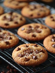 A close-up of baked cookies displayed on a black wire cooling rack