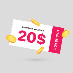 20 dollar coupon gift voucher, cash back banner special offer. Vector illustration