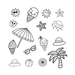 Handdrawn summer icons for beach fun
