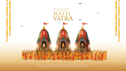 Indian festival Ratha Yatra of Lord Jagannath, Balabhadra and Subhadra on Chariot with people. new abstract vector illustration design.  Rath Yatra Lord Jagannath festival Holiday background.