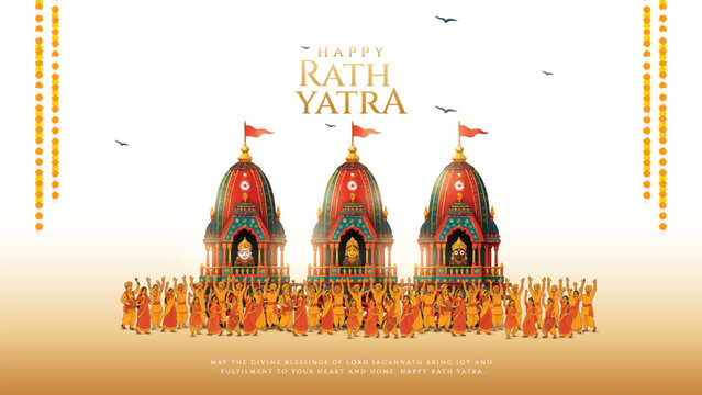 Indian festival Ratha Yatra of Lord Jagannath, Balabhadra and Subhadra on Chariot with people. new abstract vector illustration design.  Rath Yatra Lord Jagannath festival Holiday background.