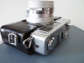 Close-up photograph of a film camera