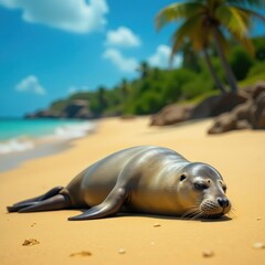 Fototapeta premium Harbor seal naps on golden sand, palm trees in background, fauna, mammal, sealife