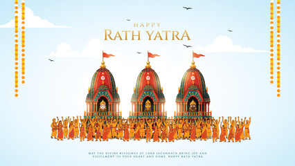 Indian festival Ratha Yatra of Lord Jagannath, Balabhadra and Subhadra on Chariot with people. new abstract vector illustration design.  Rath Yatra Lord Jagannath festival Holiday background.