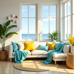 Bright and airy living room with turquoise and yellow accents, inviting modern coastal decor, and sunlight streaming through windows.