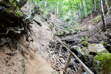Weathered timber stairway infrastructure deteriorating on mountain trail with storm damage and...