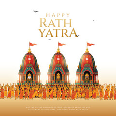 Fototapeta premium Indian festival Ratha Yatra of Lord Jagannath, Balabhadra and Subhadra on Chariot with people. new abstract vector illustration design. Rath Yatra Lord Jagannath festival Holiday background.