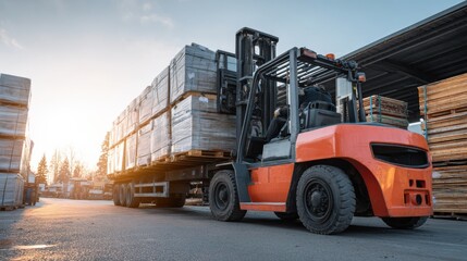 Forklift Loads Building Materials Onto Truck at Construction Site During Daytime