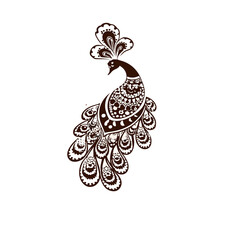 A close up of a peacock with a decorative pattern on its tail
