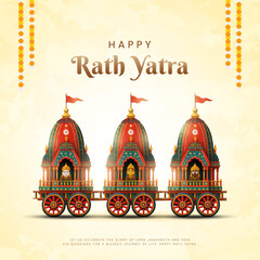 Indian festival Ratha Yatra of Lord Jagannath, Balabhadra and Subhadra on Chariot with people. new abstract vector illustration design.  Rath Yatra Lord Jagannath festival Holiday background.