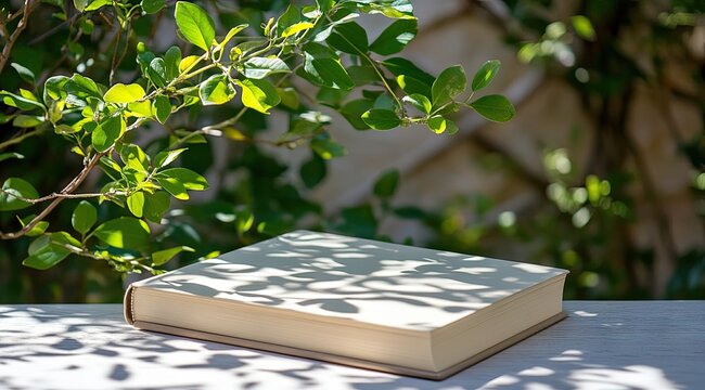 Beige book rests on a wooden surface beneath leafy branches