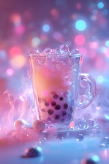 fantasy-style bubble tea with glowing pearls, surrounded by mist and neon bokeh, pastel tones, macro focus