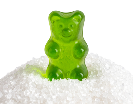 Glossy Green Gummy Bear on Sparkling Sugar Crystals Macro Candy PNG Cutout