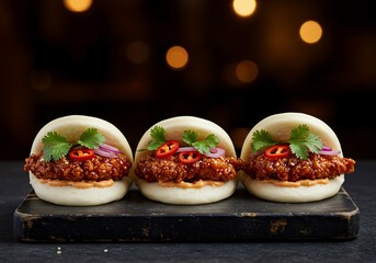 Three chicken bao buns presented on black board, culinary background, food photography