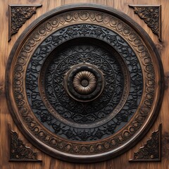 Naklejka premium A beautifully carved circular wooden panel with intricate detailing and design