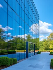The Modern Glass Building Reflecting Sky and Surrounding Nature