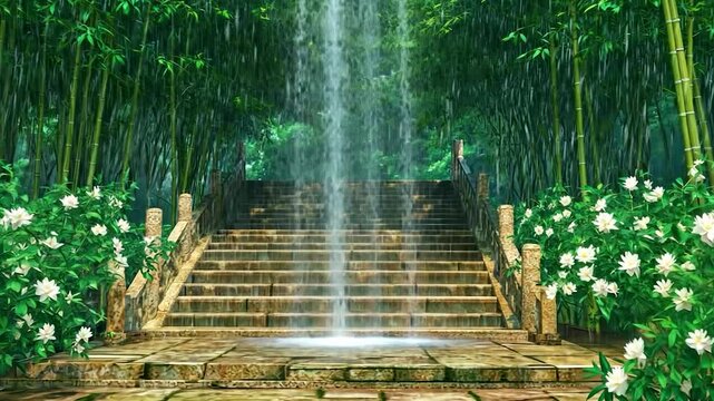 Lush waterfall cascading down stone stairs in a bamboo forest