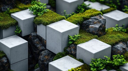 Geometric concrete cubes, layered with moss and greenery, creating an abstract landscape