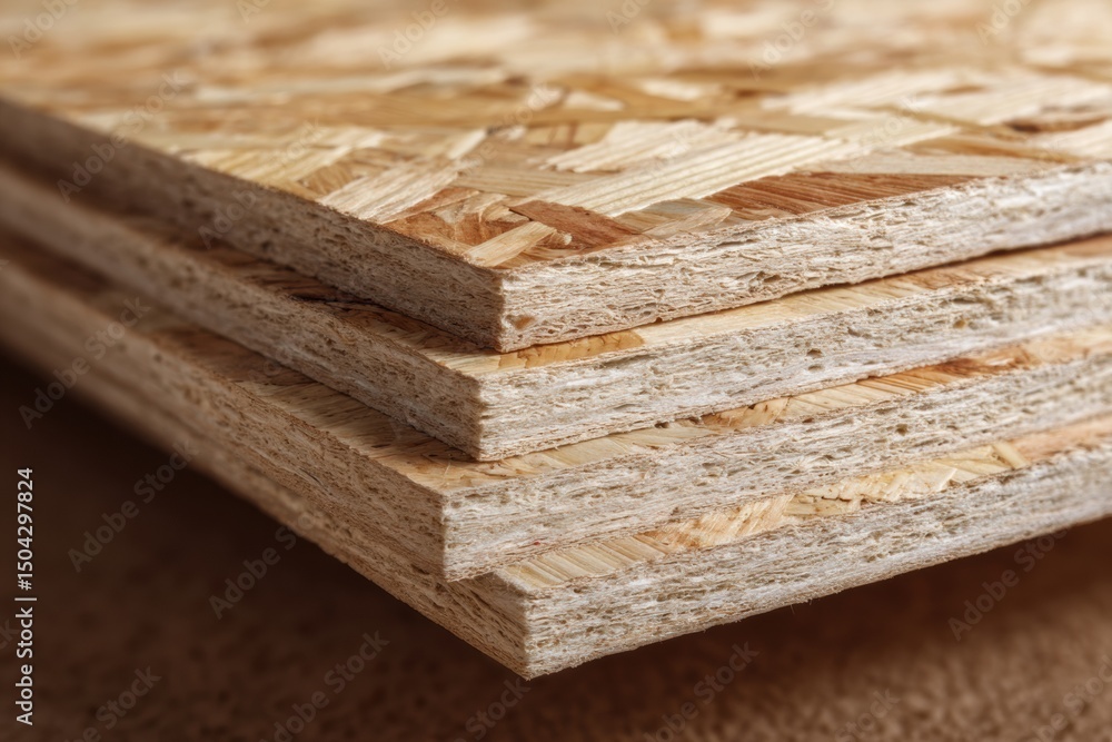 Poster Stack of Oriented Strand Board Sheets Showing Clean Upper Surface in a Workshop Setting During Daylight Hours