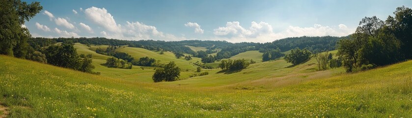 Fototapeta premium Rolling green hills sunny meadow landscape pastoral scene