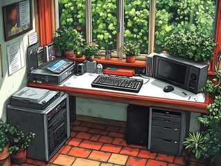 A vintage computer desk surrounded by plants and a bright window