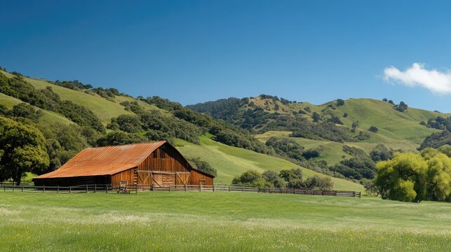 Rustic wooden barn on rolling green hills sunny day