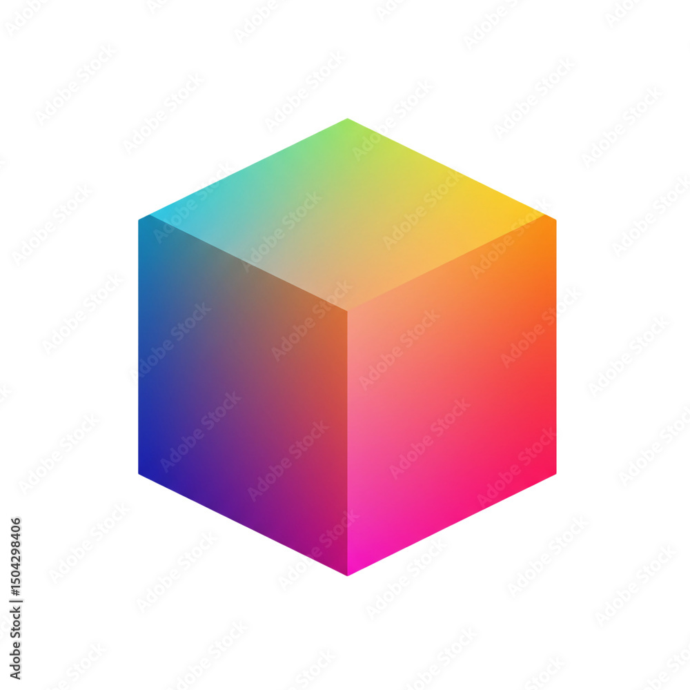Poster vibrant isometric cube with a smooth gradient transition, floating against a stark white backdrop, p