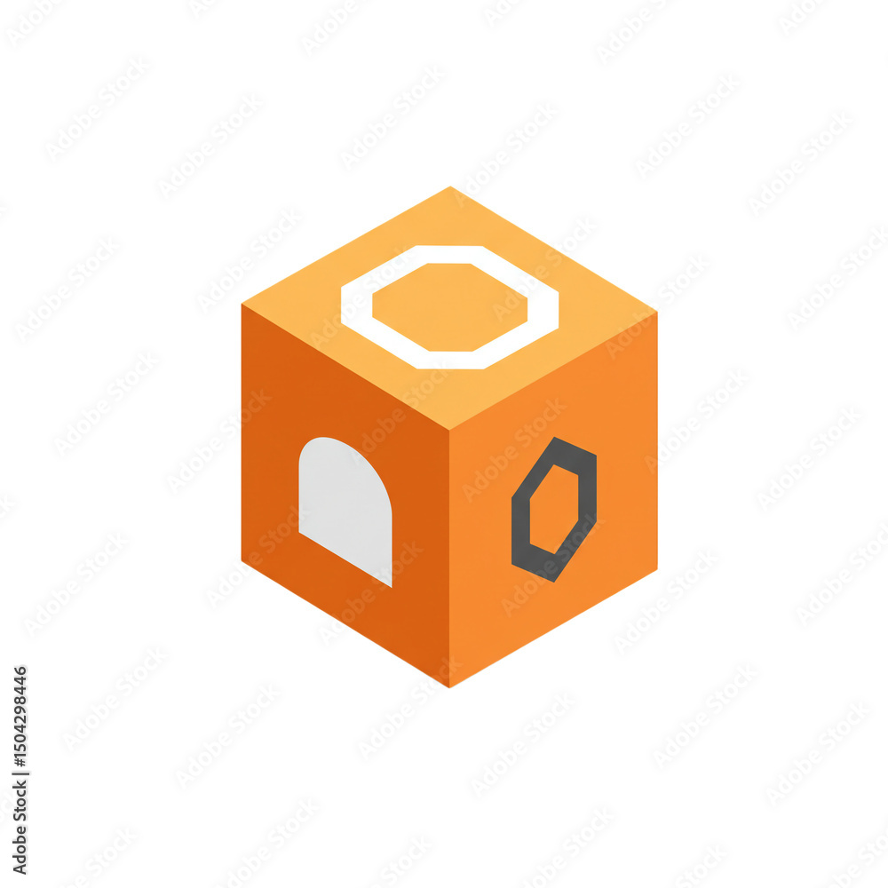 Poster isometric orange cube featuring diverse geometric apertures, showcasing minimalistic design and conc