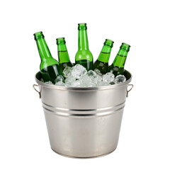Image chilled green beer bottles in a metal bucket with ice, ready for a refreshing drink..