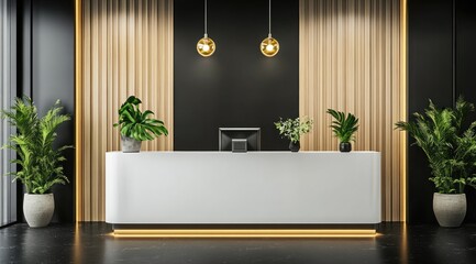 Modern reception desk with warm lighting and plants (1)
