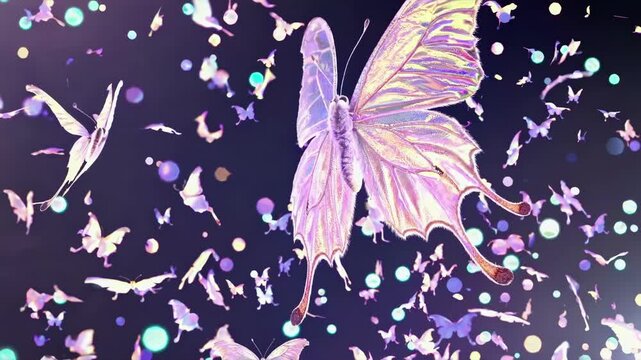 Close-up of a butterfly with iridescent wings, captured from a side angle. The dreamy, bokeh effect adds a magical touch, ideal for a nature video. Live desktop wallpaper.