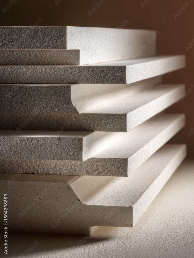 Poster waterproof gypsum boards stacked at an angle with gentle lighting highlighting their texture and str