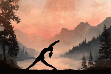 The girl is doing yoga against the background of nature - Mountains Forest and River. Drawing watercolor for the day of yoga. Free space in the photo for the inscription. High quality