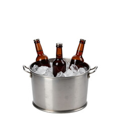 Image three cold beer bottles in a metal bucket filled with ice, perfect for a refreshing summer activity, set against a transparent background for versatile use..