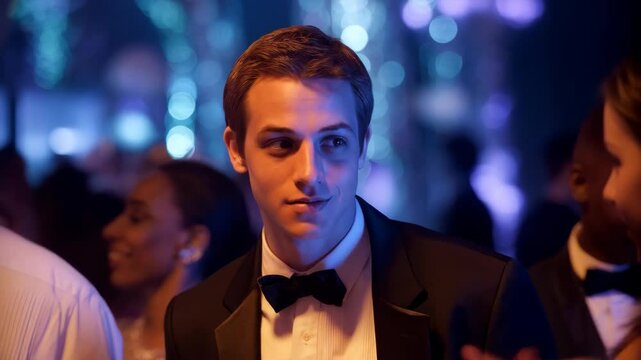 Young adult man in tuxedo and bow tie talking to attendees at a formal indoor social event, lit with bokeh lights for a nighttime mood