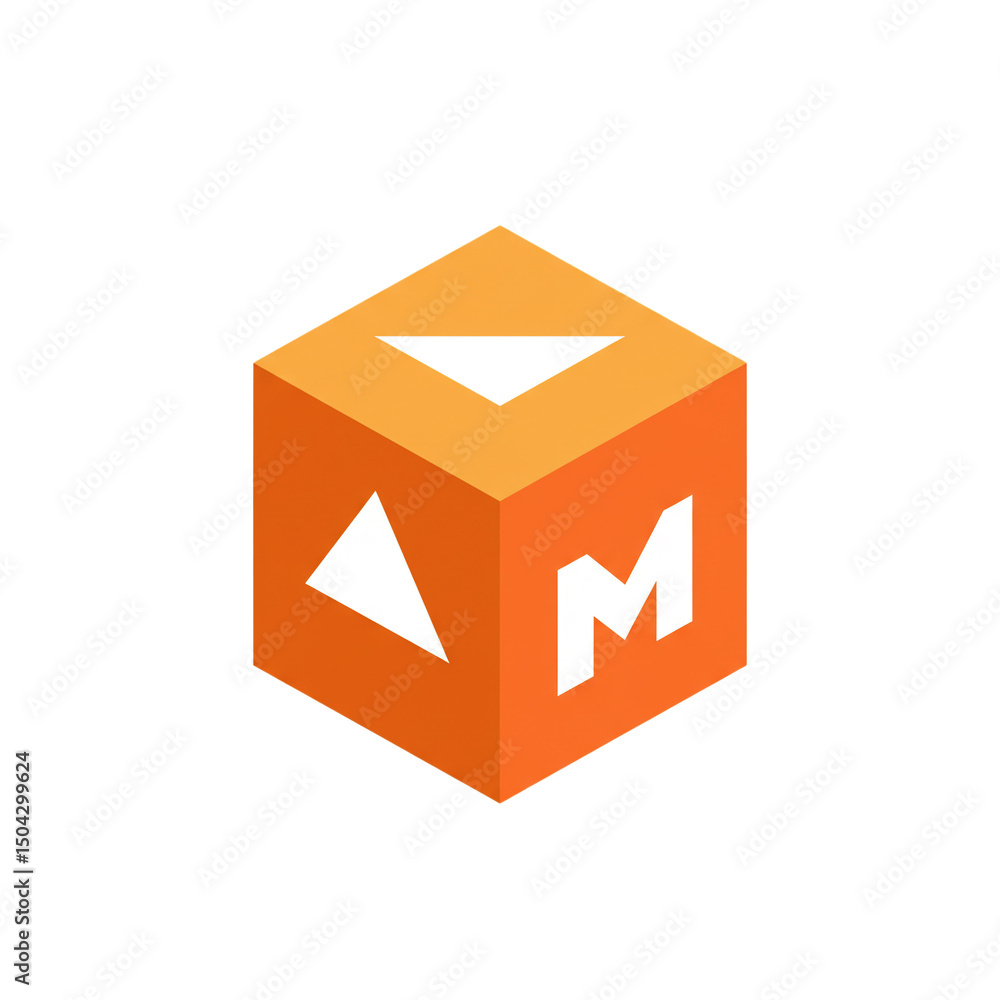 Poster isometric orange cube featuring initial letters and triangle shapes for a contemporary logo design e