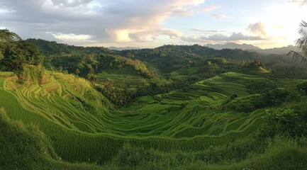 Fototapeta premium Lush terraced rice paddies, winding through verdant hills under a dramatic sky