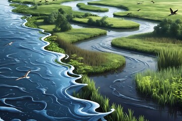 Serene meandering river flowing through vibrant green landscape with soaring birds, representing natural beauty, for World Environment Day
