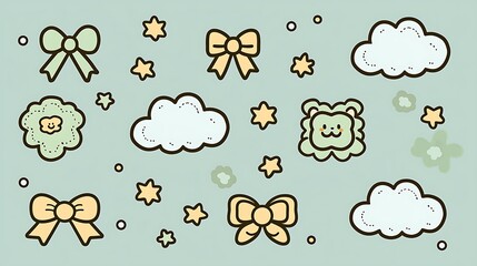 A pastel-colored kawaii backdrop with soft clouds, adorable bows, and charming sweet icons, creating a cute and cheerful atmosphere.