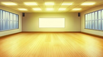 Empty classroom with large blank screen