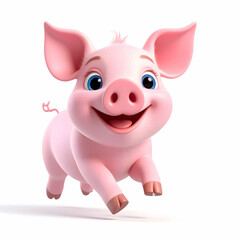 Fototapeta premium Smiling Pig: A charming, cheerful pink pig runs joyfully, its captivating smile radiating pure delight. This friendly character is set against a background.
