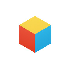 A vibrant cube showcasing a harmonious blend of yellow, red, and blue, conveying simplicity and a geometric design on a pristine white backdrop